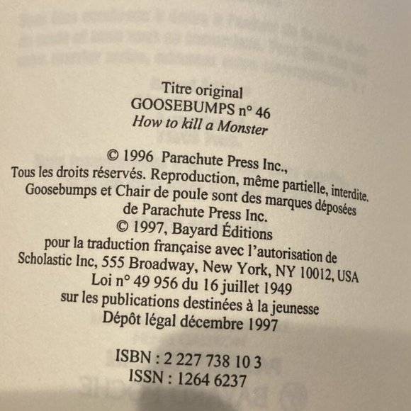 French R.L. STINE Chair de Poule Comment Tuer Un Monster #34 SC 1997 Ages 9-10 - Picture 4 of 4